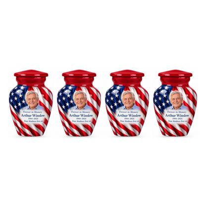 Four matching Flag Vertical Drape American flag keepsake urns with sample photo and text on a white background