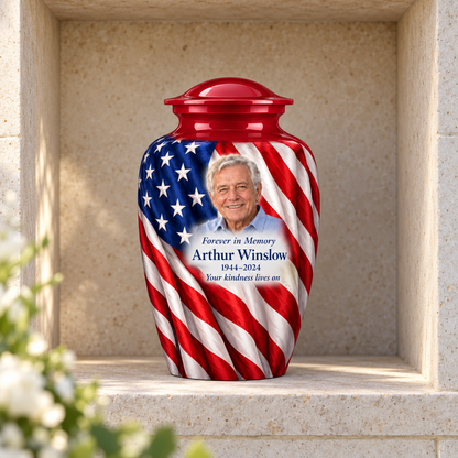 Flag Vertical Drape American flag adult urn with sample photo and text displayed in a columbarium niche