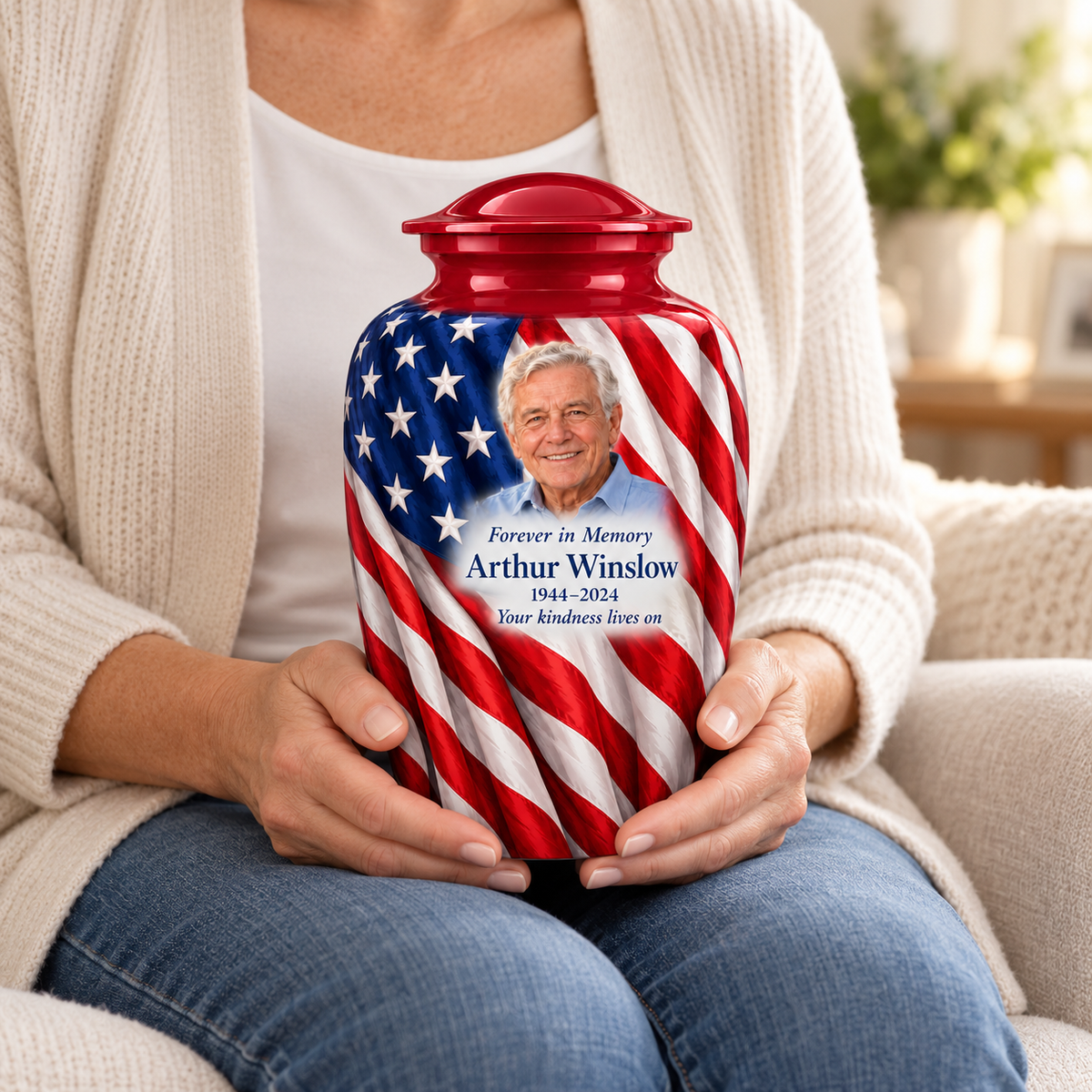 Flag Vertical Drape American flag adult urn with sample photo and text held upright on a seated person’s lap