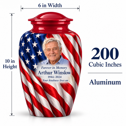 Flag Vertical Drape American flag adult urn size guide showing 10-inch height, 6-inch width, 200-cubic-inch capacity and Aluminum material