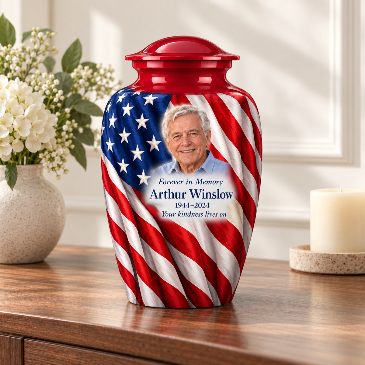 Flag Vertical Drape American flag adult urn with sample photo and text displayed on a memorial console