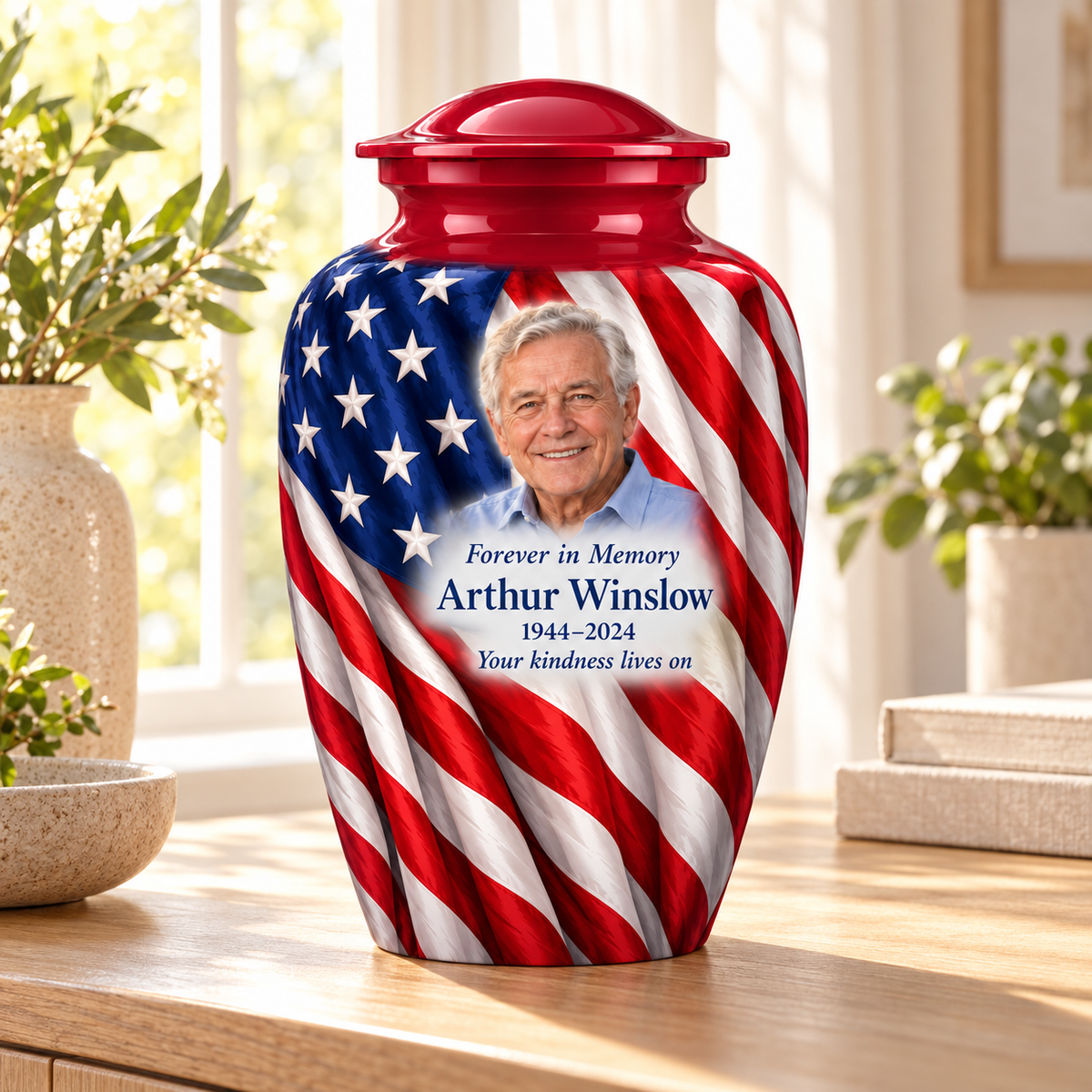 Flag Vertical Drape American flag adult urn with sample photo and text displayed in a sunlit home
