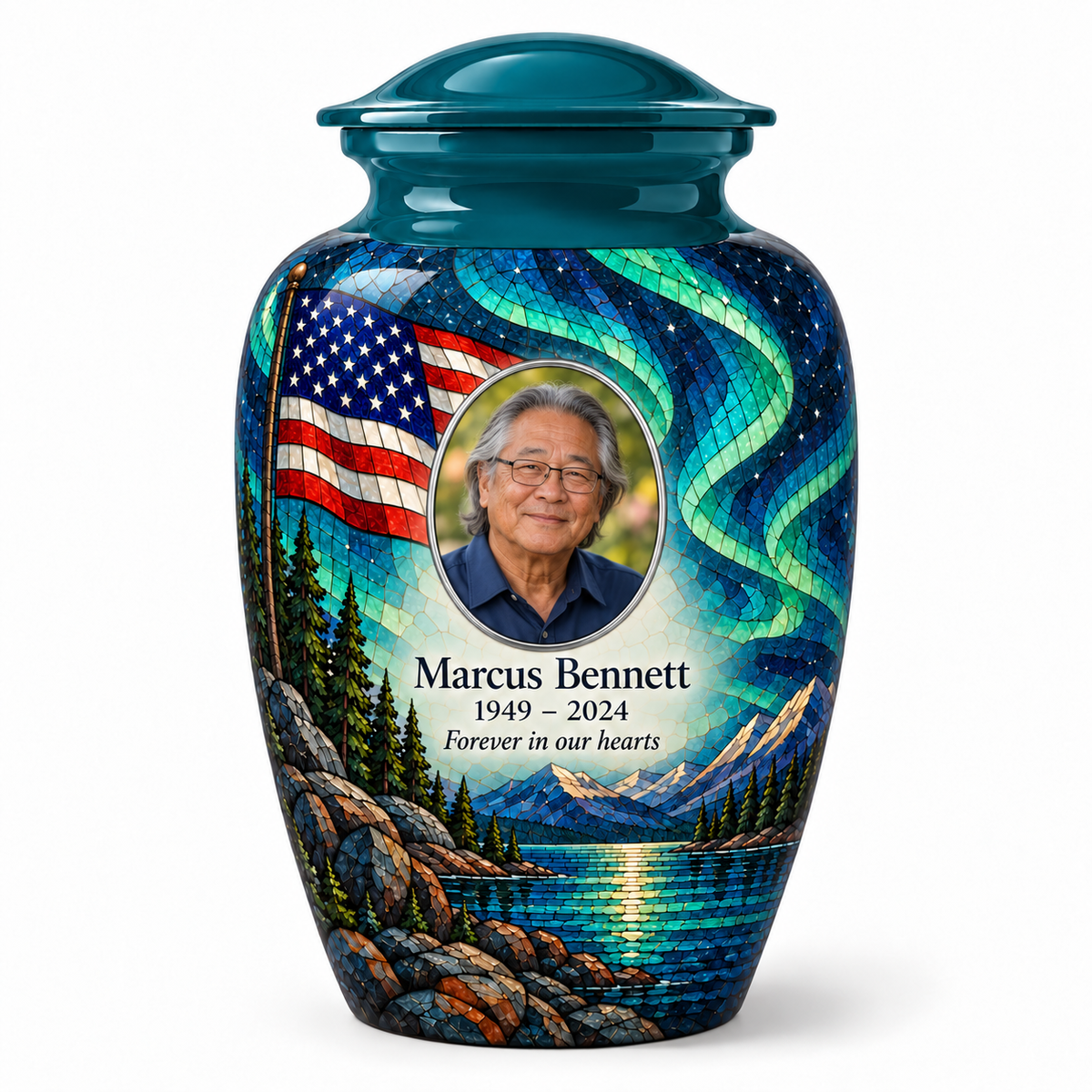 Teal American flag adult urn with aurora lake artwork and a simple oval-framed sample portrait