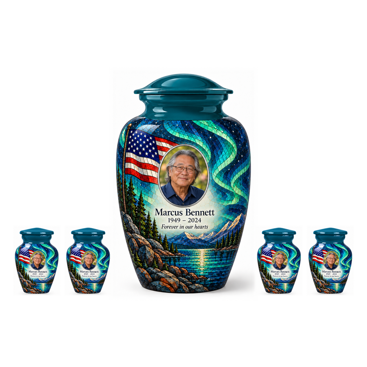 One Aurora Lake American flag adult urn with four matching keepsake urns, sample photo and text, on a white background