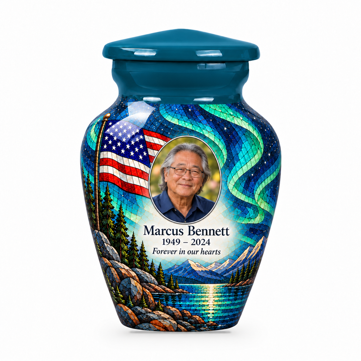 Matching teal American flag keepsake urn with aurora lake artwork and optional photo and text personalization