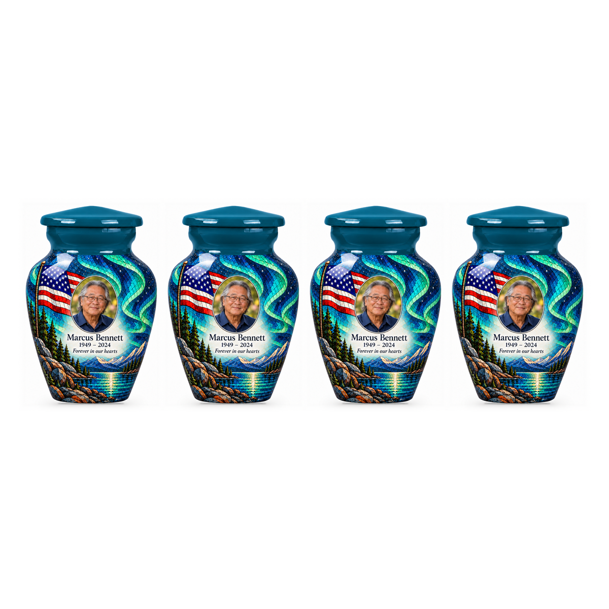 Four matching Aurora Lake American flag keepsake urns with sample photo and text on a white background