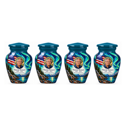 Four matching Aurora Lake American flag keepsake urns with sample photo and text on a white background