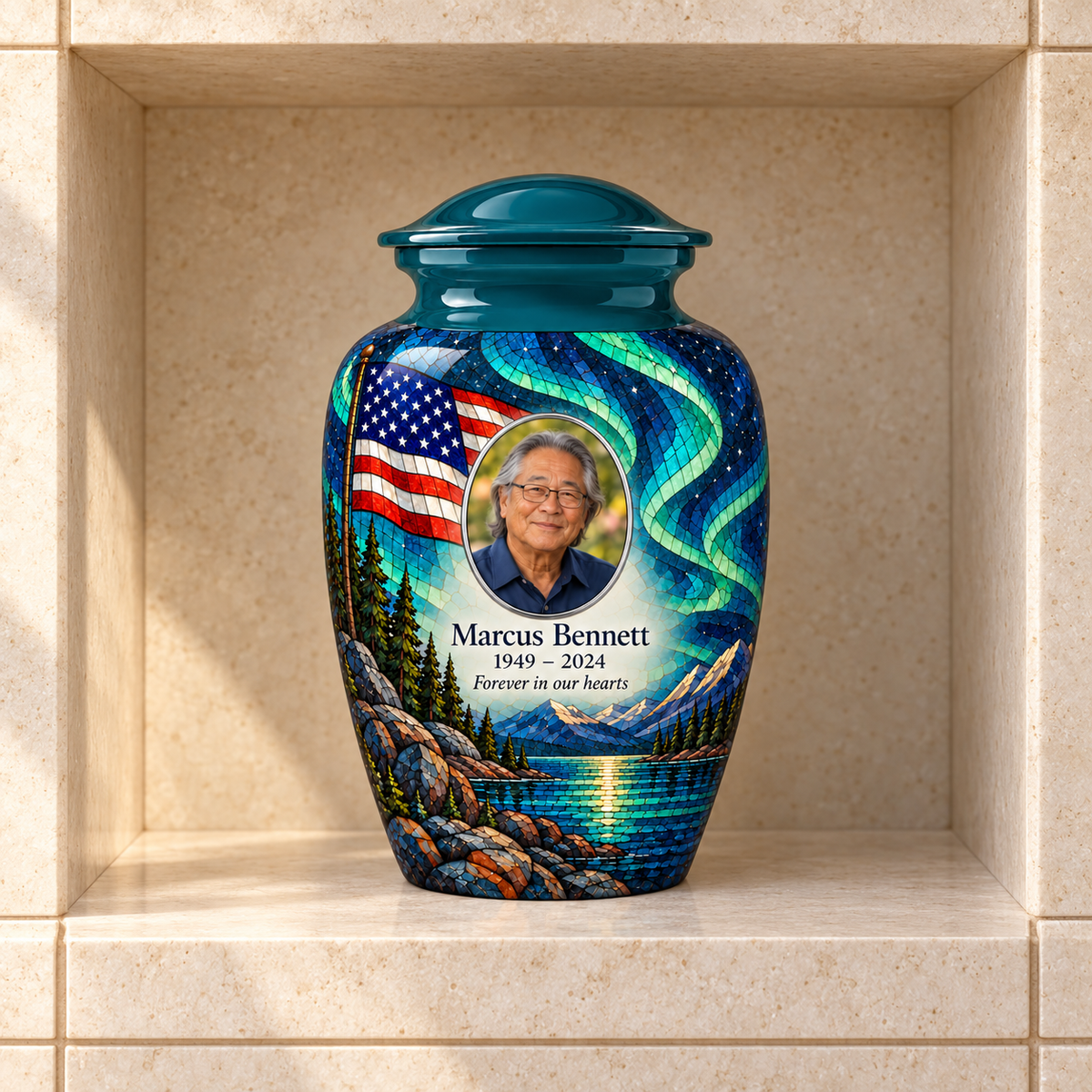 Aurora Lake American flag adult urn with sample photo and text displayed in a columbarium niche