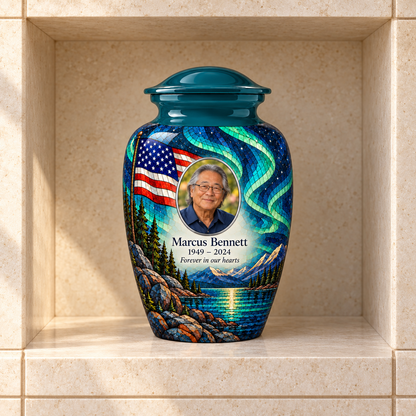 Aurora Lake American flag adult urn with sample photo and text displayed in a columbarium niche