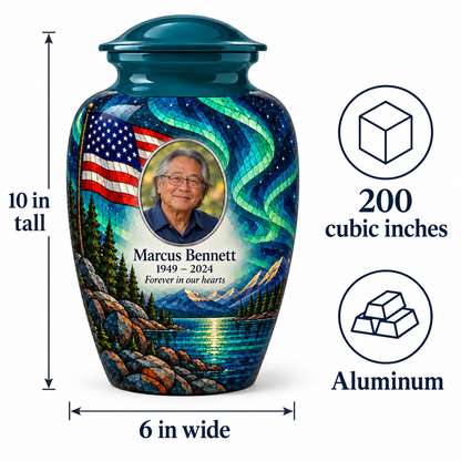 Aurora Lake American flag adult urn size guide showing 10-inch height, 6-inch width, 200-cubic-inch capacity and Aluminum material