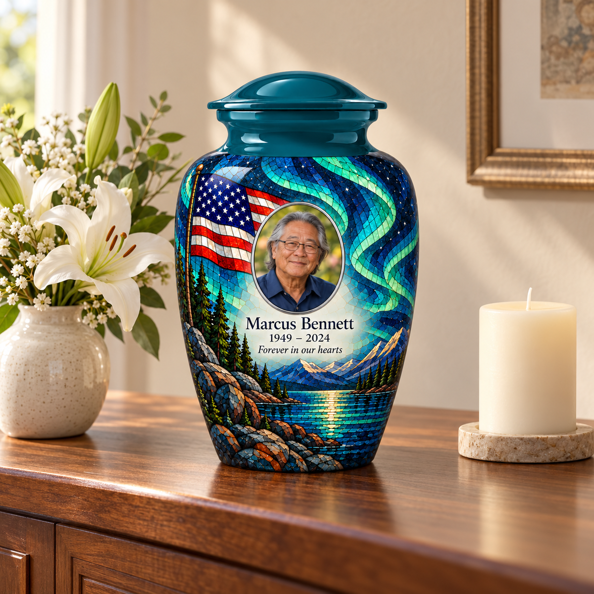 Aurora Lake American flag adult urn with sample photo and text displayed on a memorial console