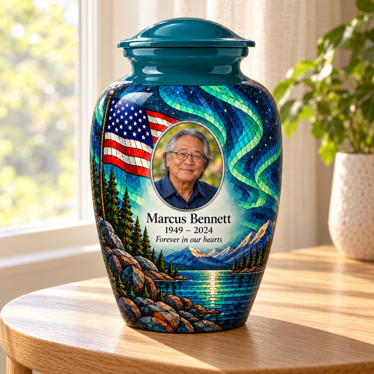 Aurora Lake American flag adult urn with sample photo and text displayed in a sunlit home
