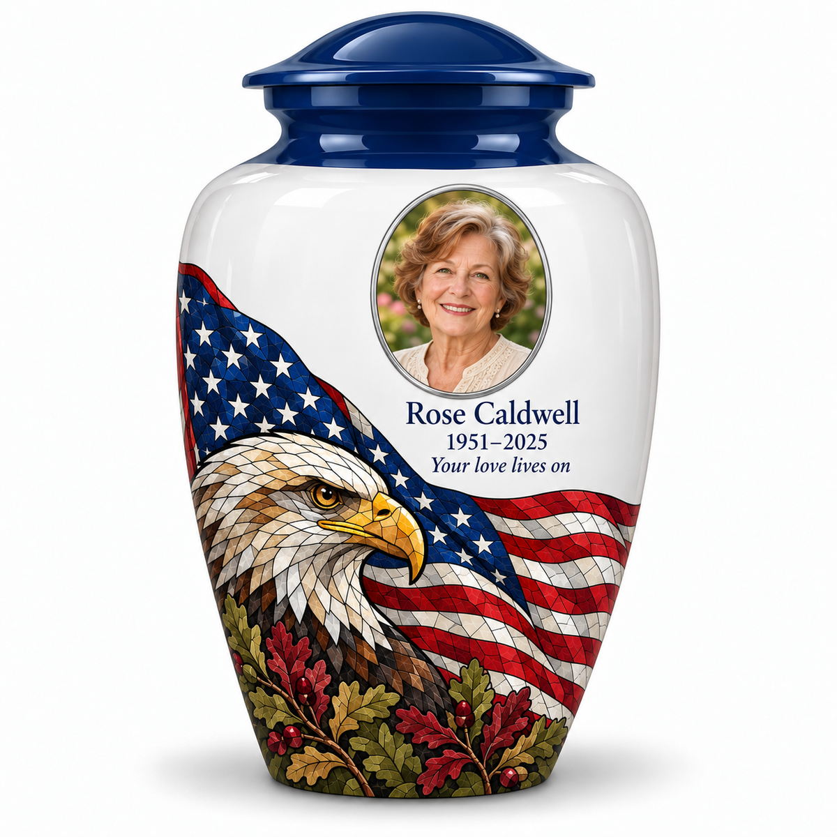 Blue American flag adult urn with eagle flag artwork and a simple oval-framed sample portrait
