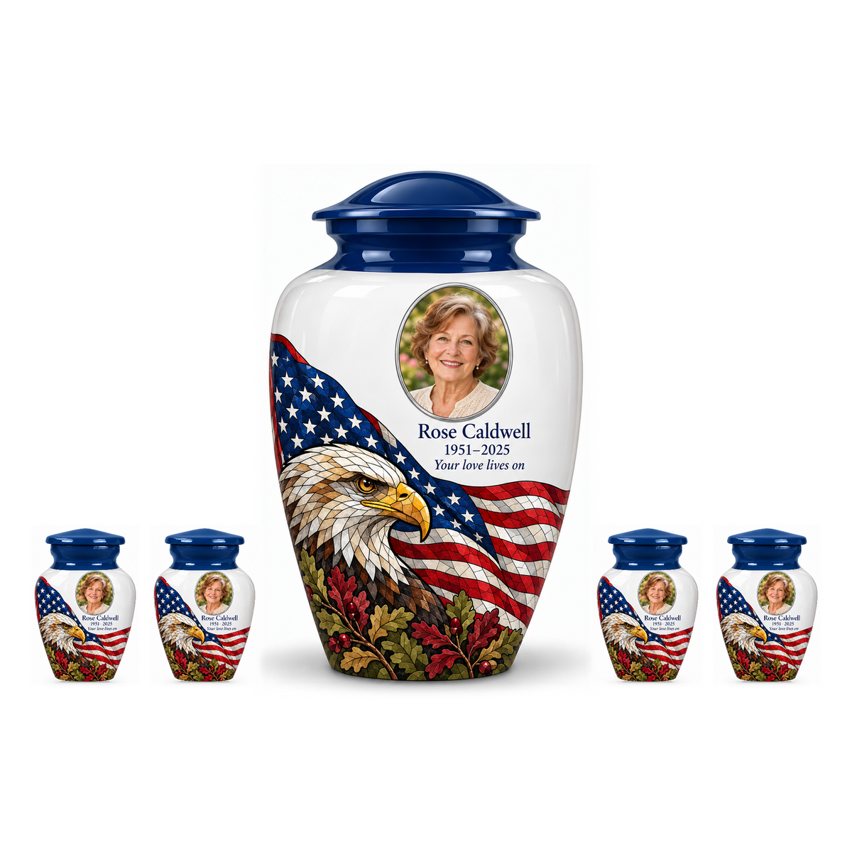 One Eagle Flag American flag adult urn with four matching keepsake urns, sample photo and text, on a white background