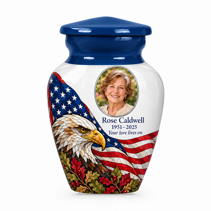 Matching blue American flag keepsake urn with eagle flag artwork and optional photo and text personalization