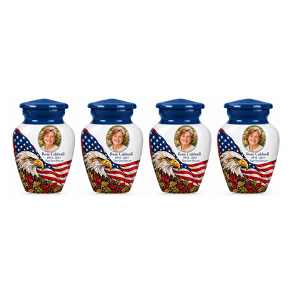 Four matching Eagle Flag American flag keepsake urns with sample photo and text on a white background