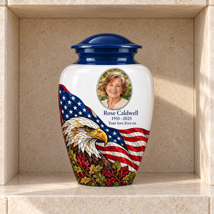 Eagle Flag American flag adult urn with sample photo and text displayed in a columbarium niche