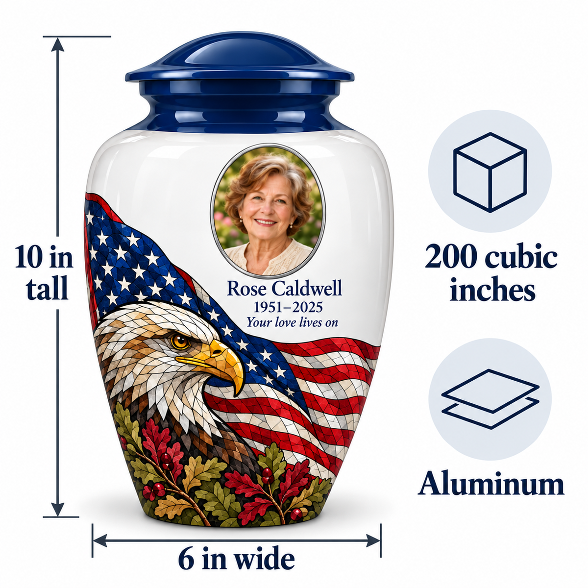 Eagle Flag American flag adult urn size guide showing 10-inch height, 6-inch width, 200-cubic-inch capacity and Aluminum material