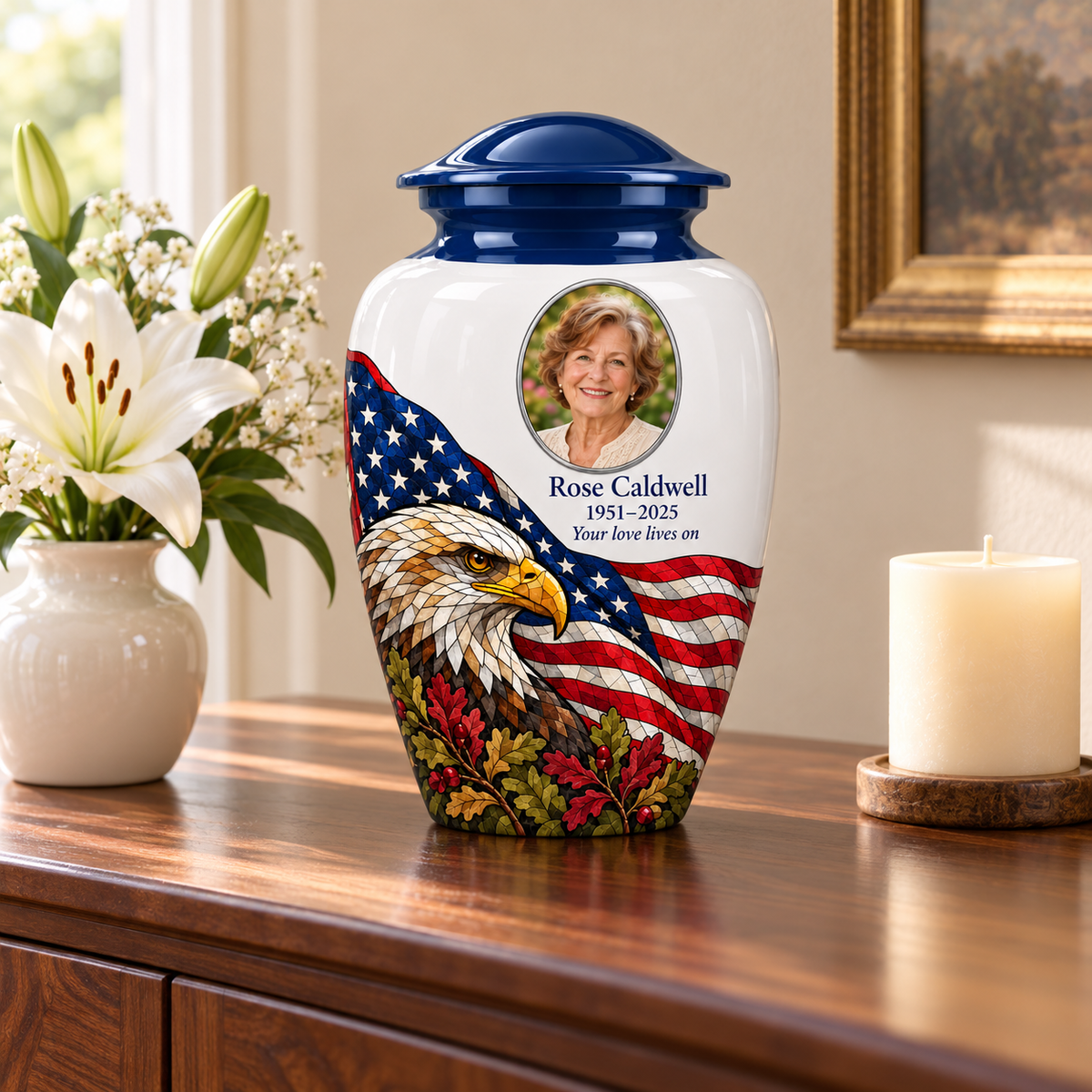 Eagle Flag American flag adult urn with sample photo and text displayed on a memorial console