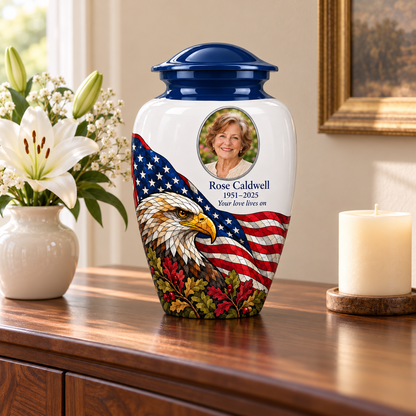 Eagle Flag American flag adult urn with sample photo and text displayed on a memorial console