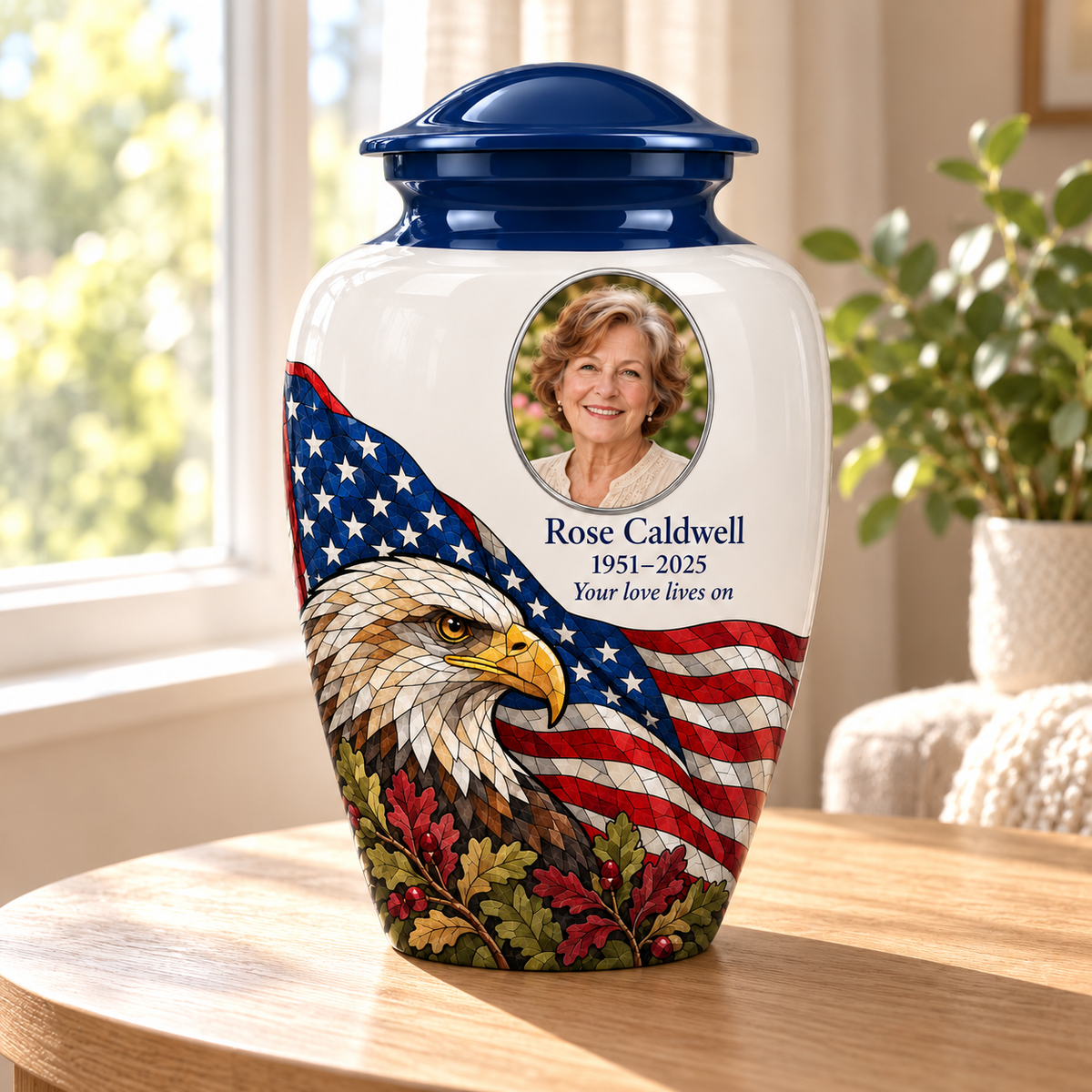 Eagle Flag American flag adult urn with sample photo and text displayed in a sunlit home