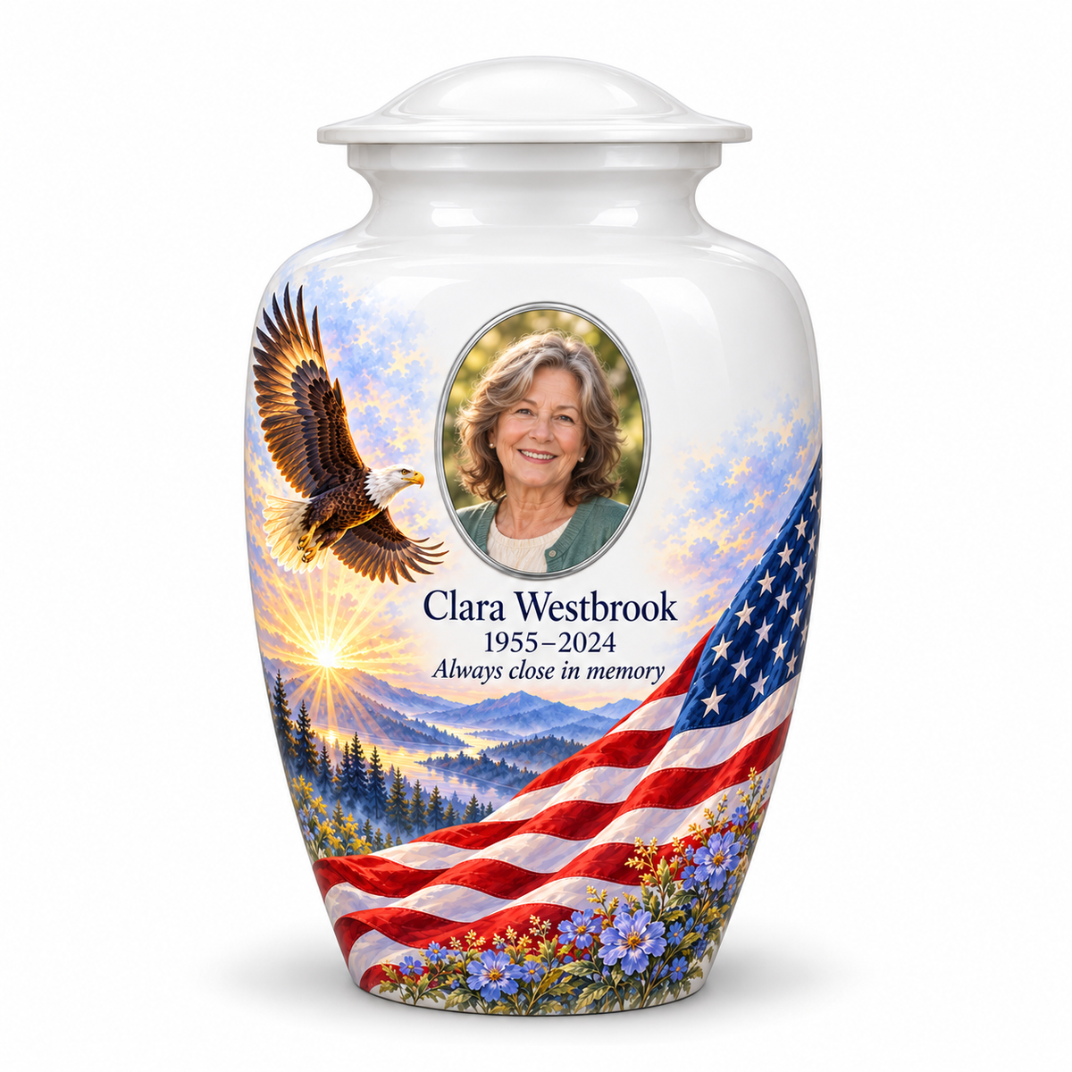 White American flag adult urn with eagle meadow artwork and a simple oval-framed sample portrait