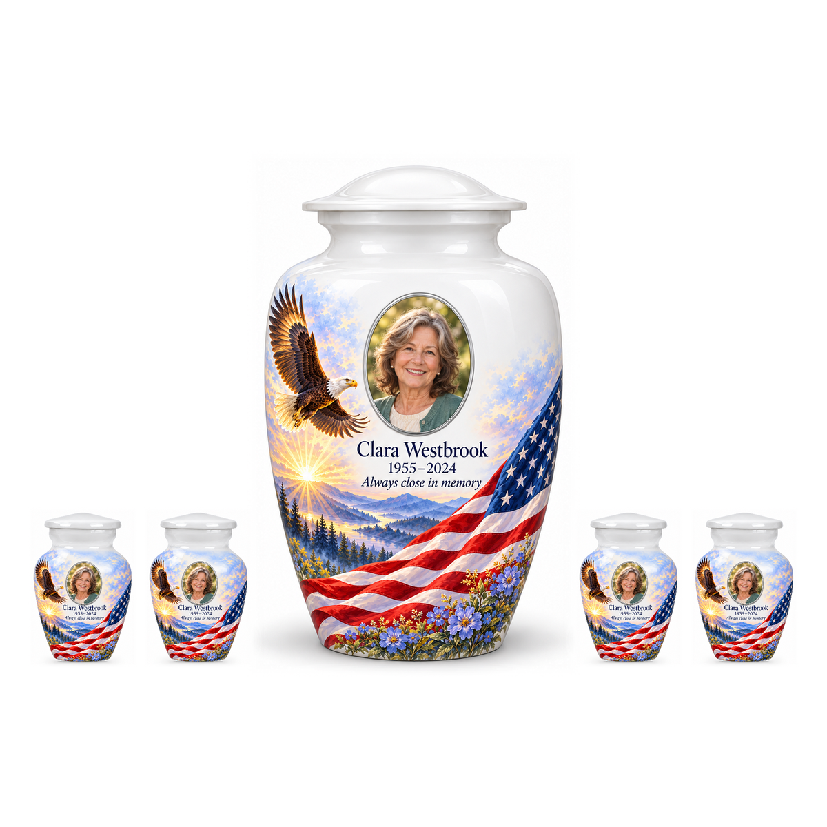 One Eagle Meadow American flag adult urn with four matching keepsake urns, sample photo and text, on a white background
