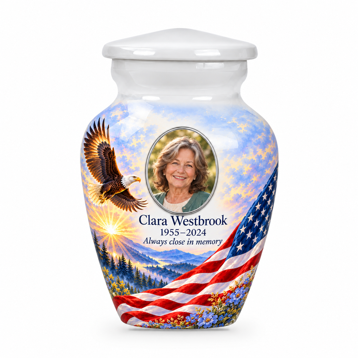 Matching white American flag keepsake urn with eagle meadow artwork and optional photo and text personalization