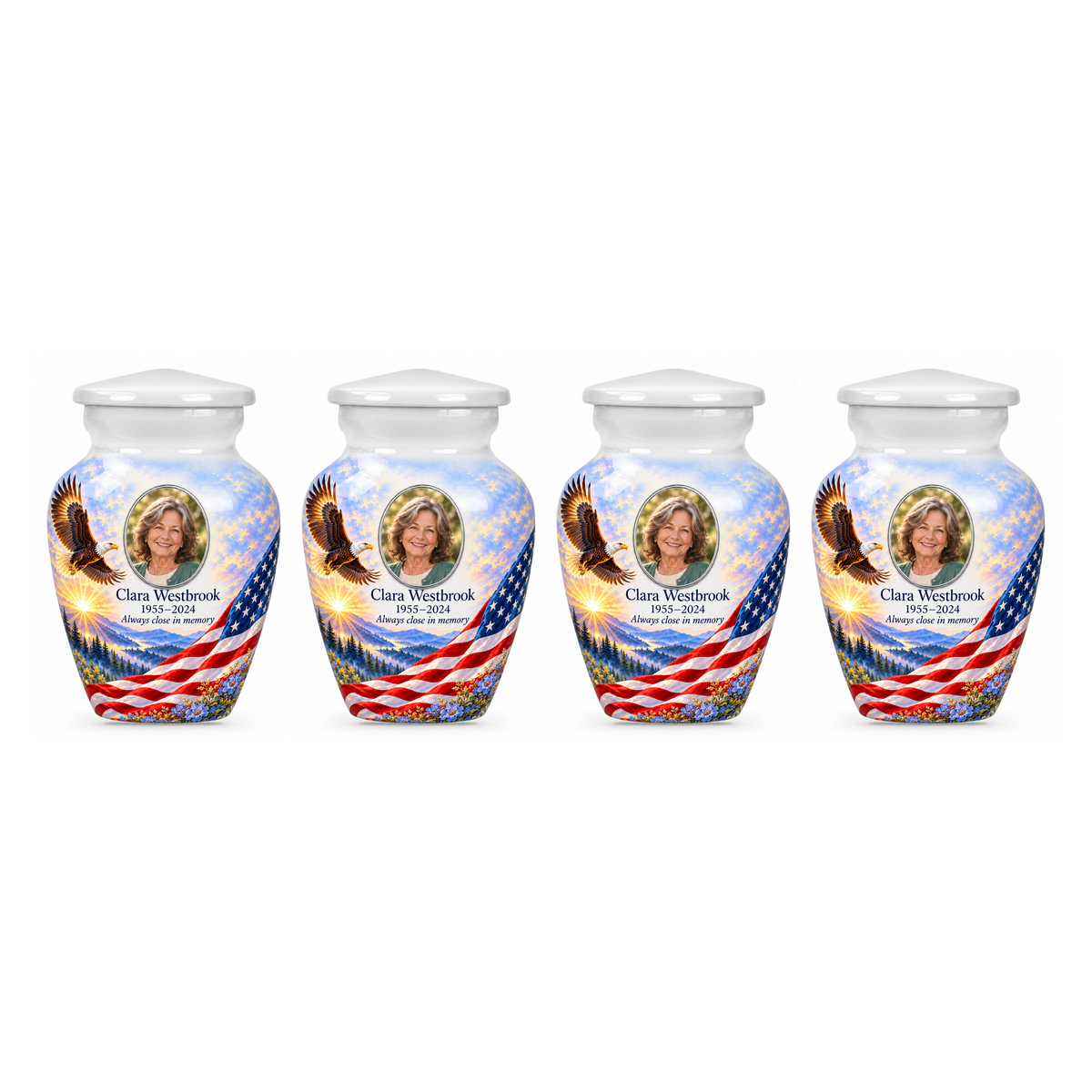 Four matching Eagle Meadow American flag keepsake urns with sample photo and text on a white background