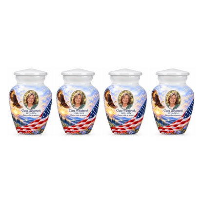 Four matching Eagle Meadow American flag keepsake urns with sample photo and text on a white background
