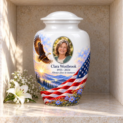 Eagle Meadow American flag adult urn with sample photo and text displayed in a columbarium niche