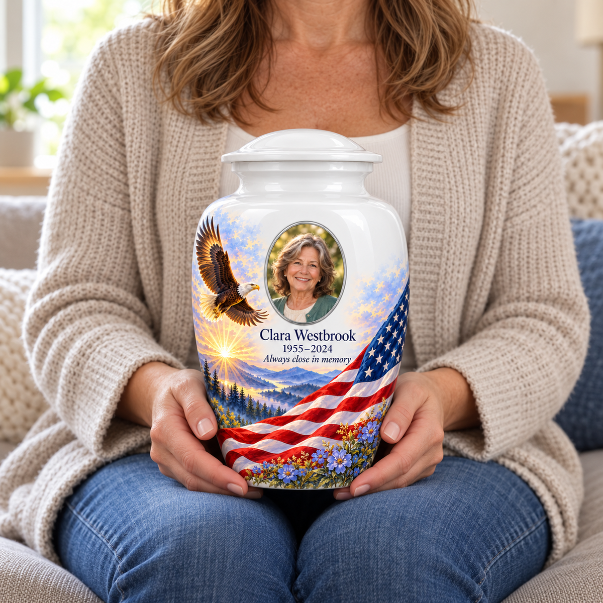 Eagle Meadow American flag adult urn with sample photo and text held upright on a seated person’s lap