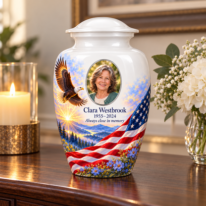 Eagle Meadow American flag adult urn with sample photo and text displayed on a memorial console
