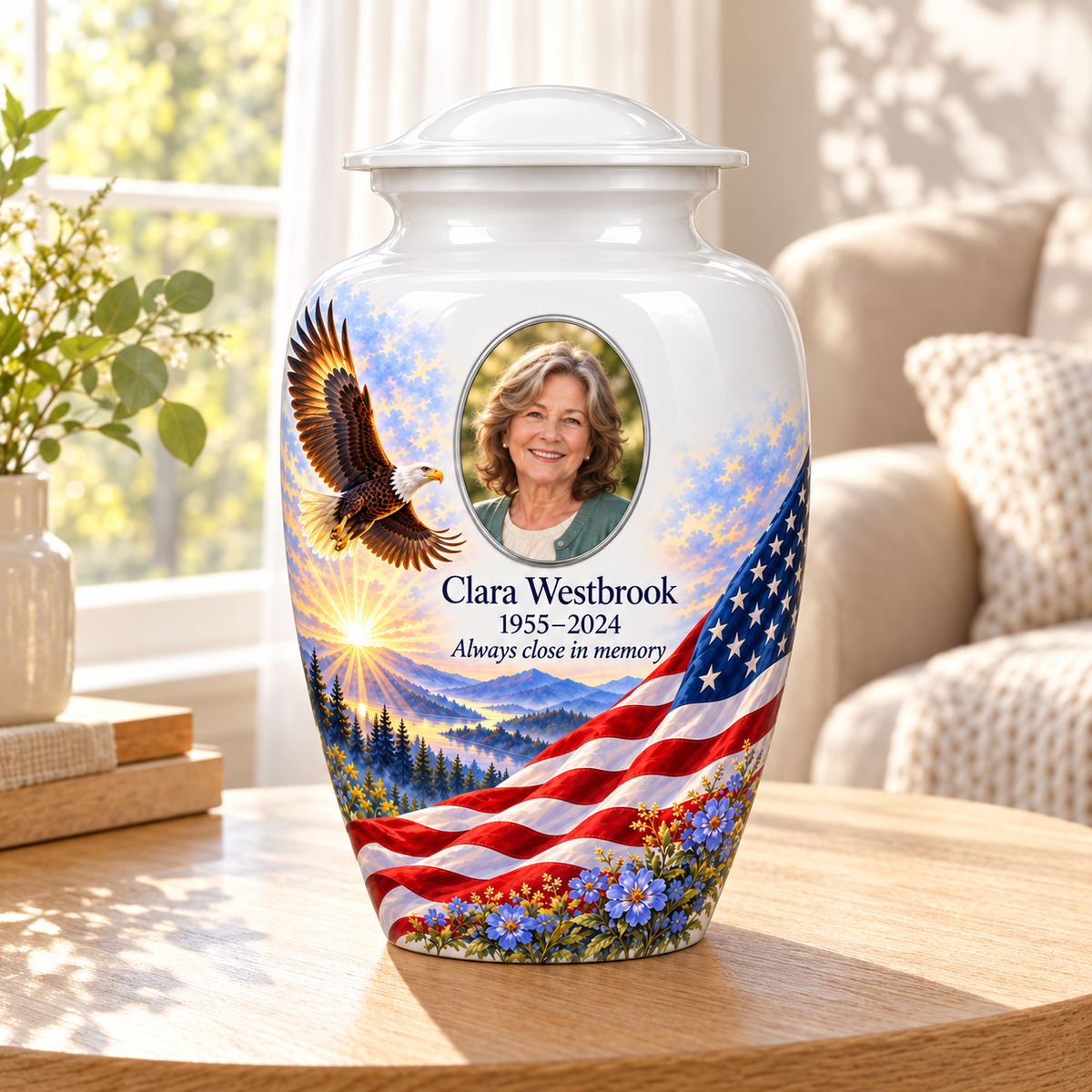 Eagle Meadow American flag adult urn with sample photo and text displayed in a sunlit home