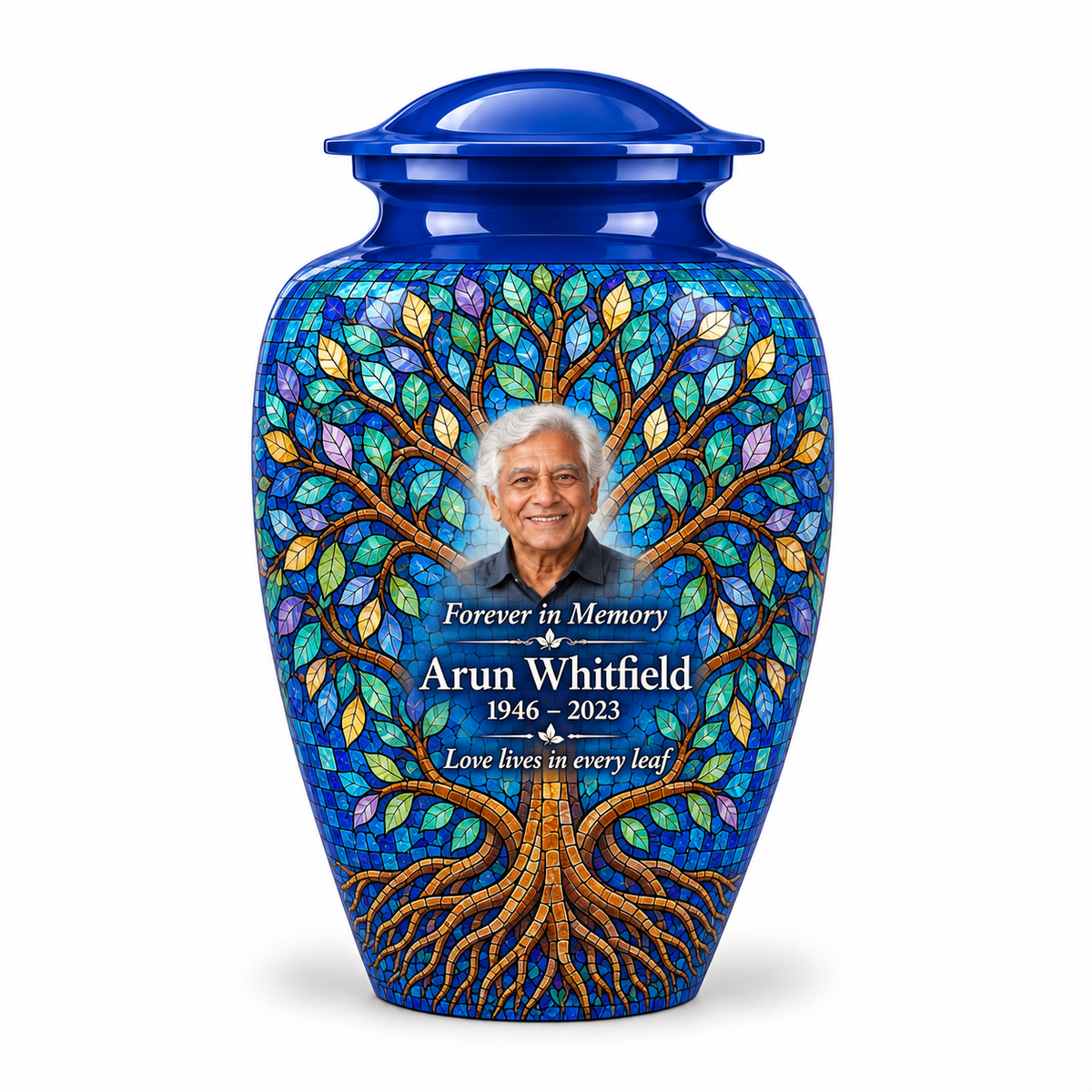 Blue Tree of Life adult urn with cobalt leaf mosaic artwork and a borderless sample portrait