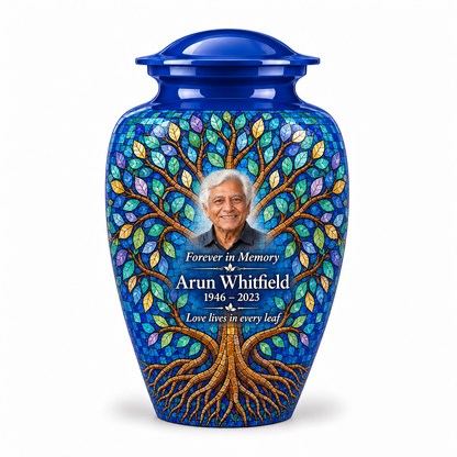 Blue Tree of Life adult urn with cobalt leaf mosaic artwork and a borderless sample portrait
