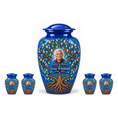 One Cobalt Leaf Mosaic Tree of Life adult urn with four matching keepsake urns, sample photo and text, on a white background