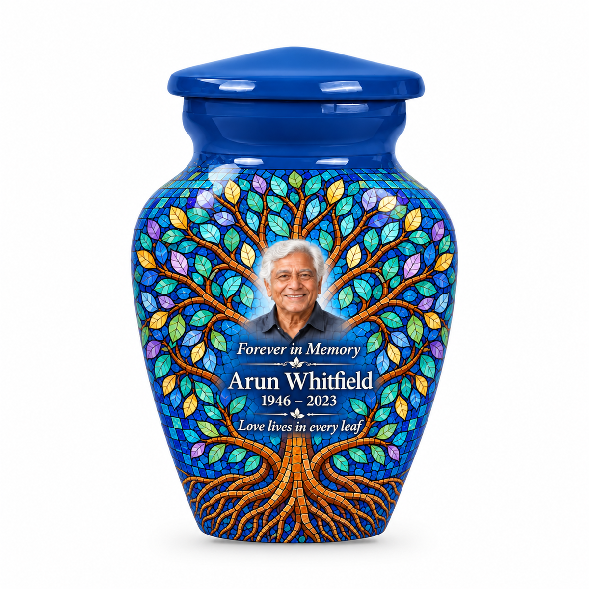 Matching blue Tree of Life keepsake urn with cobalt leaf mosaic artwork, sample photo and text