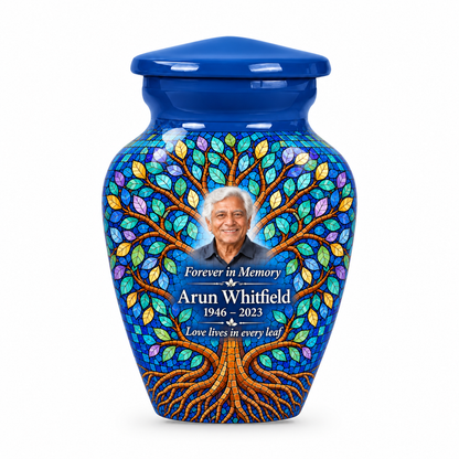 Matching blue Tree of Life keepsake urn with cobalt leaf mosaic artwork, sample photo and text