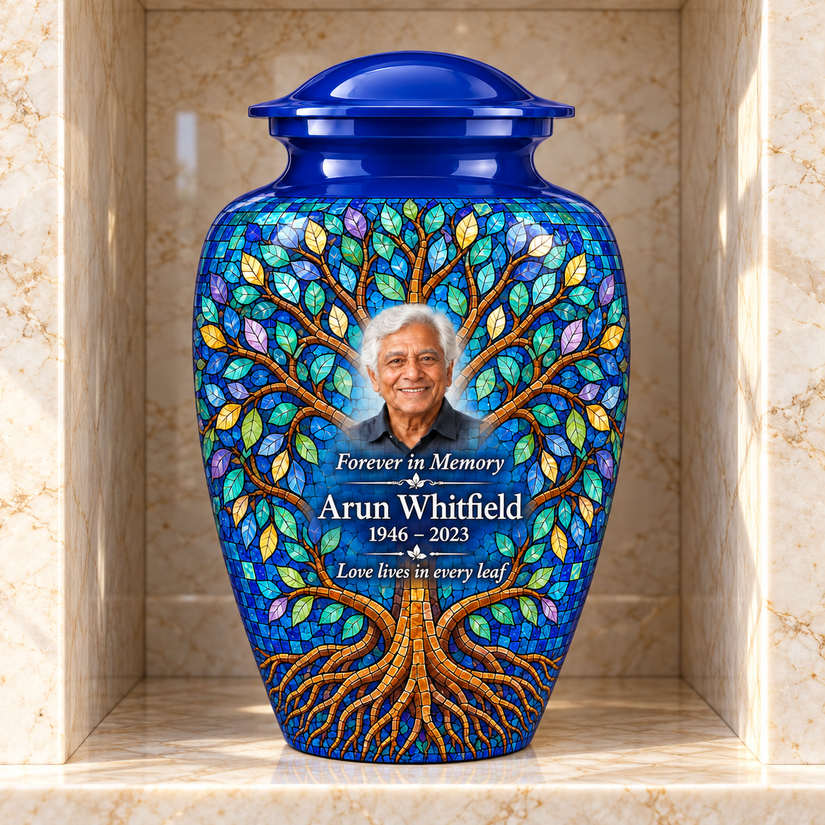 Cobalt Leaf Mosaic Tree of Life adult urn with sample photo and text displayed in a columbarium niche
