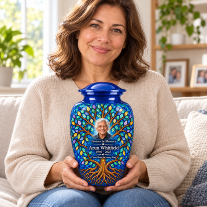 Cobalt Leaf Mosaic Tree of Life adult urn with sample photo and text held upright on a seated person’s lap