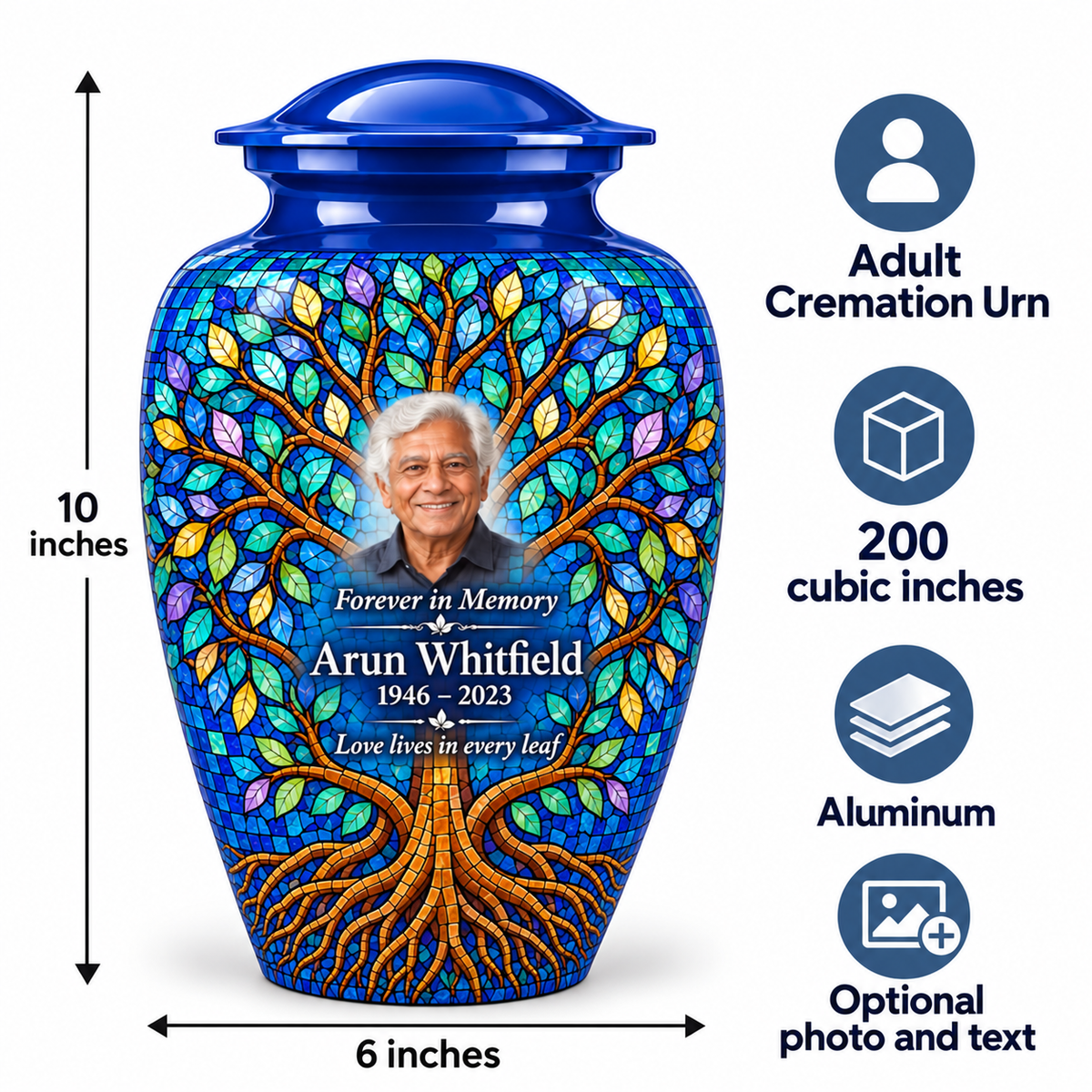 Cobalt Leaf Mosaic Tree of Life adult urn size guide showing 10-inch height, 6-inch width, 200-cubic-inch capacity and Aluminum material