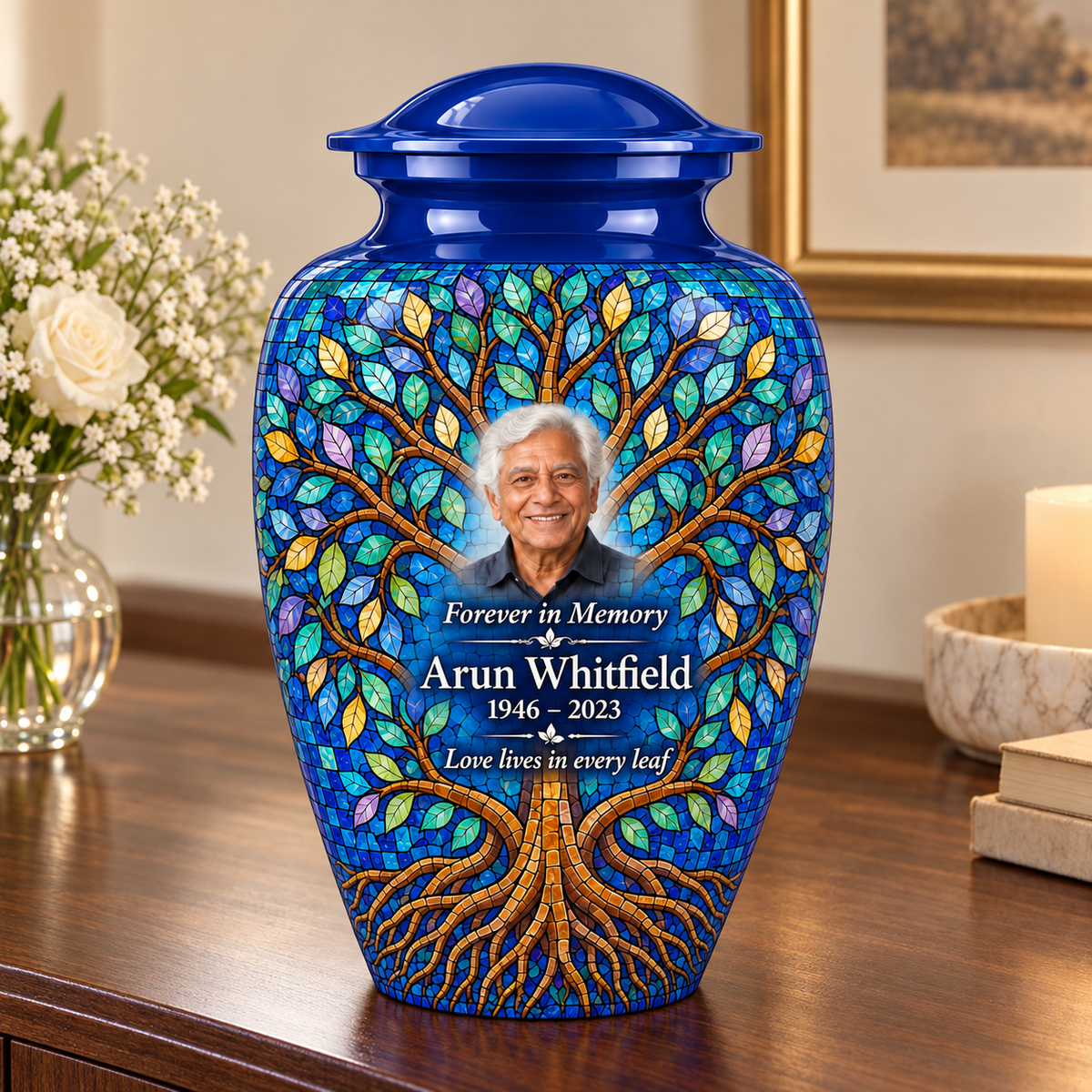 Cobalt Leaf Mosaic Tree of Life adult urn with sample photo and text displayed on a memorial console