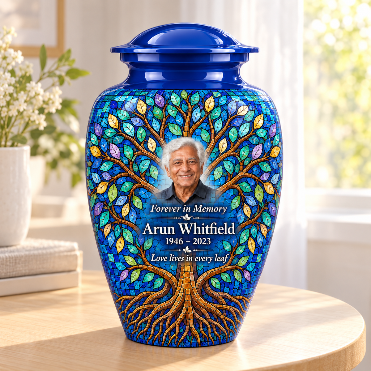 Cobalt Leaf Mosaic Tree of Life adult urn with sample photo and text displayed in a sunlit home