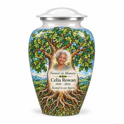 White Tree of Life adult urn with white oak mosaic artwork and a borderless sample portrait
