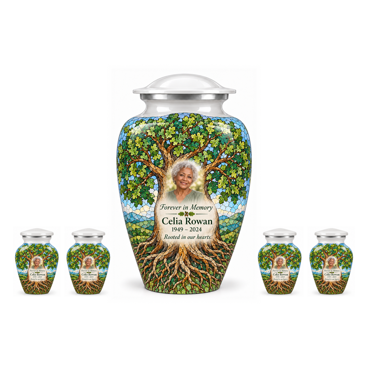 One White Oak Mosaic Tree of Life adult urn with four matching keepsake urns, sample photo and text, on a white background