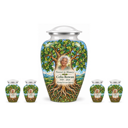 One White Oak Mosaic Tree of Life adult urn with four matching keepsake urns, sample photo and text, on a white background