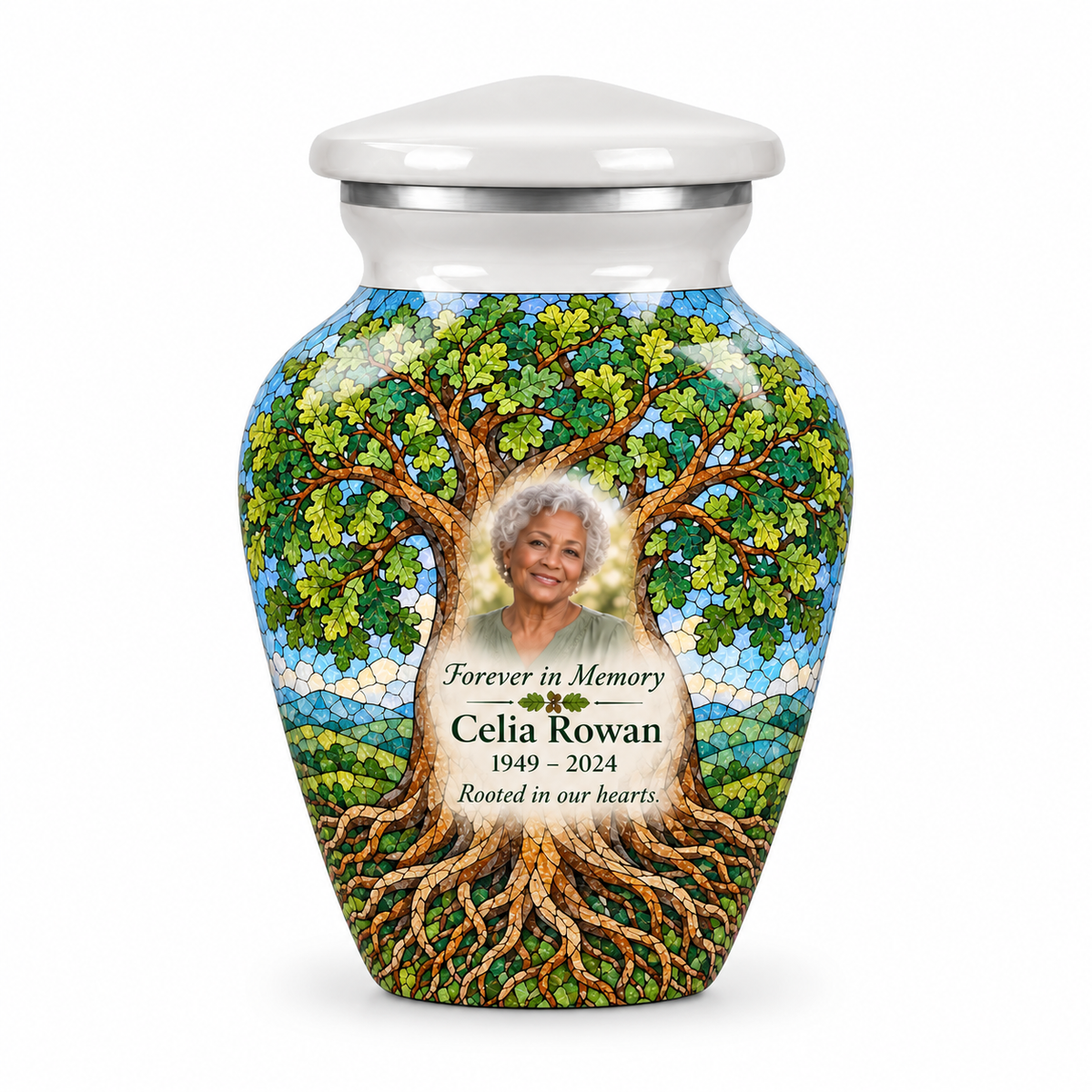 Matching white Tree of Life keepsake urn with white oak mosaic artwork, sample photo and text