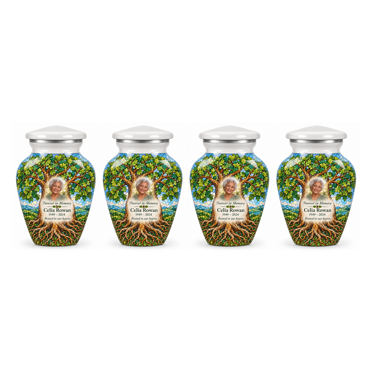 Four matching White Oak Mosaic Tree of Life keepsake urns with sample photo and text on a white background
