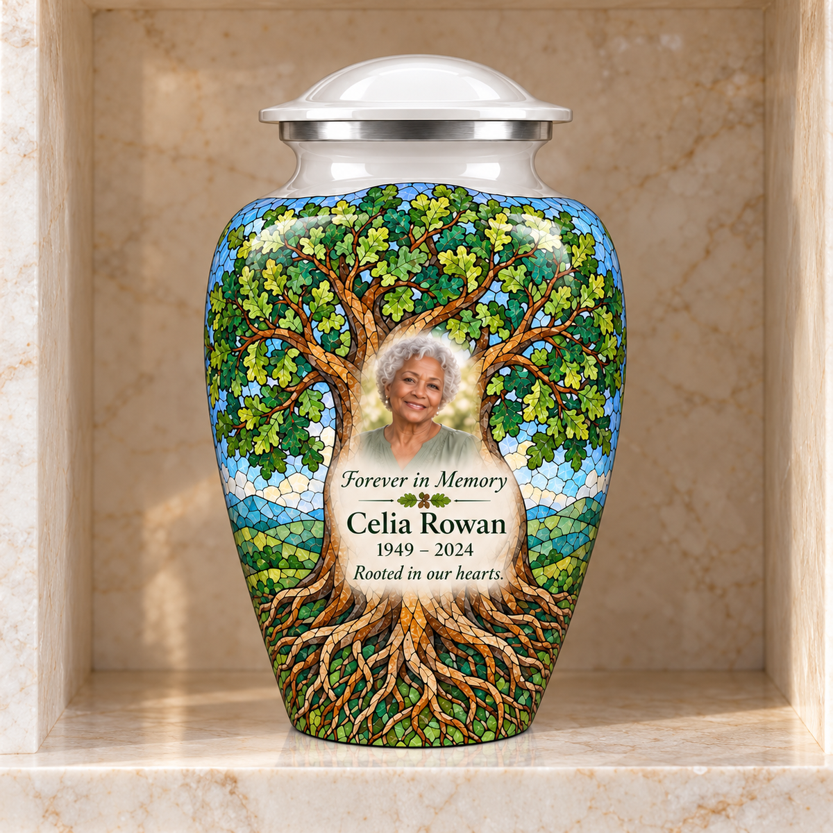 White Oak Mosaic Tree of Life adult urn with sample photo and text displayed in a columbarium niche